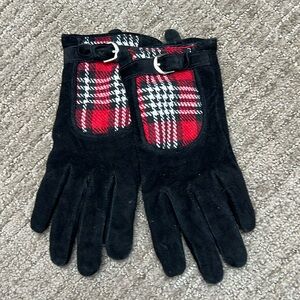 Black Suede Gloves with red plaid detail